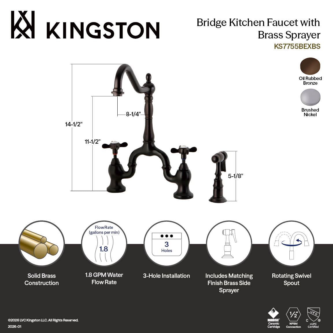 Kingston Heirloom KS7758BEXBS - Essex Two-Handle 3-Hole Deck Mount Bridge Kitchen Faucet with Brass Sprayer, Brushed Nickel — thumbnail 3